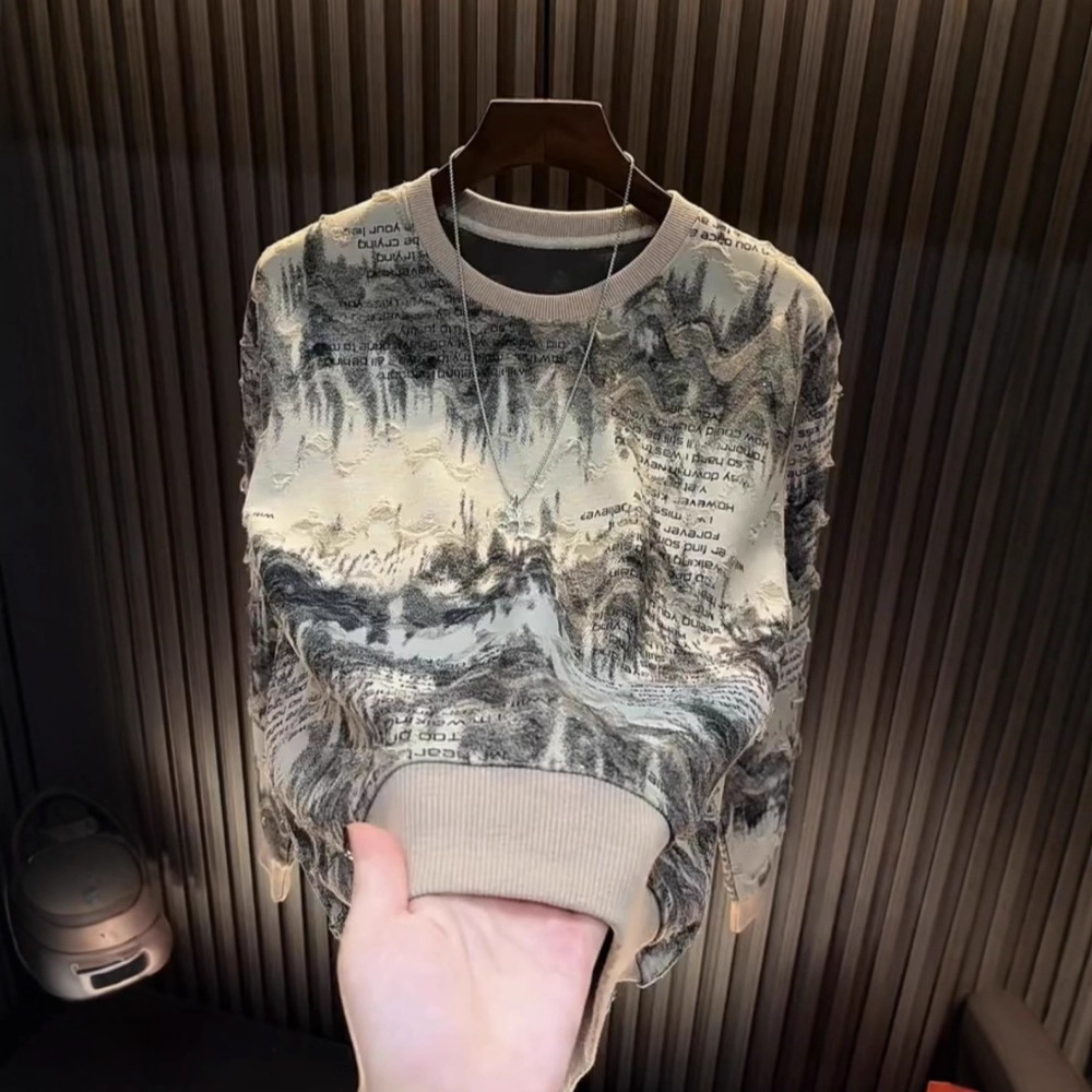 2025新款长袖t恤男满天星烫钻破洞上衣圆领休闲打底衫男秋季卫衣