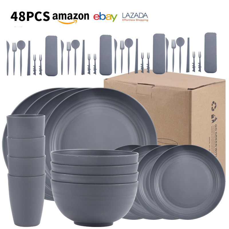 Amazon hot selling tableware gray pp plate bowl dish cup wheat straw bowl dish plate knife fork spoon portable tableware suit
