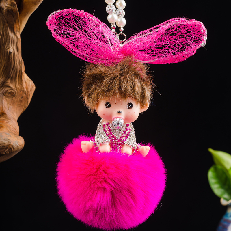 Encaje orejas de conejo lazo colgante de muñeca con incrustaciones de diamantes colgante de cadena de perlas accesorios para automóviles