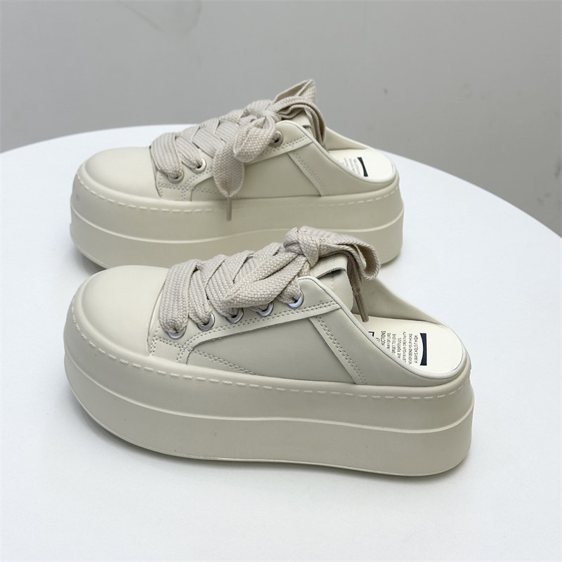 Youmuni Genuine Leather Casual Sports Backless Lace-Up Platform Slip-On Sneakers for Women