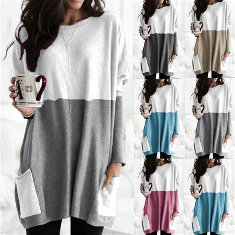 In-Stock European and American Women's Autumn Amazon Wish Round Neck Long Sleeve Patchwork Casual Pocket T-Shirt Top In-Stock European and American Women's Autumn Amazon Wish Round Neck Long Sleeve Patchwork Casual Pocket T-Shirt Top