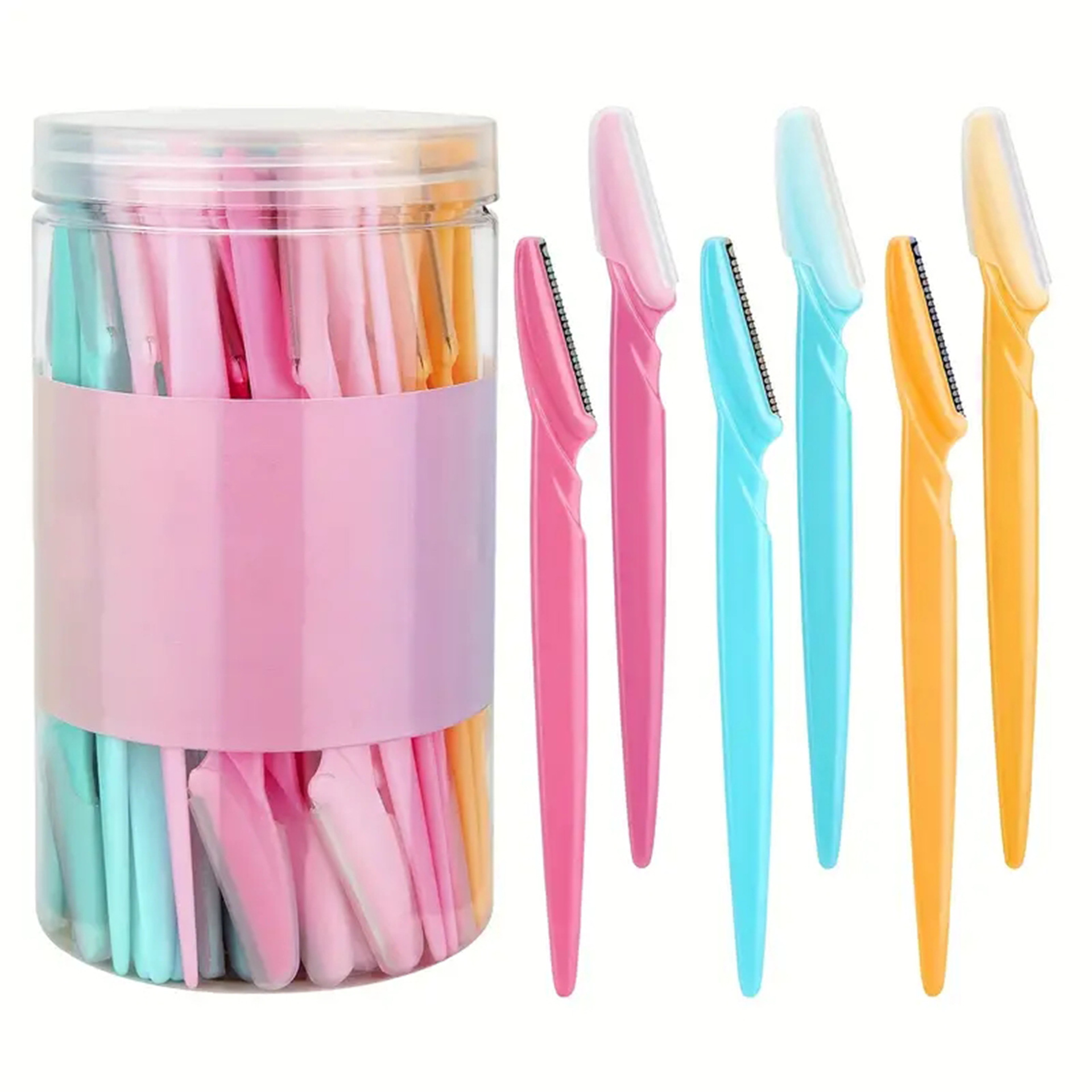 Explosión transfronteriza 40 latas con malla protectora, mango largo, cortador de cejas de acero inoxidable, raspador de cejas, herramienta de belleza anti-rayado