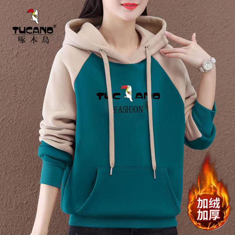 Woodpecker Authentic Flagship Store Fleece-Lined Thickened Sweatshirt Women's Hoodie Winter New Slimming Loose Top