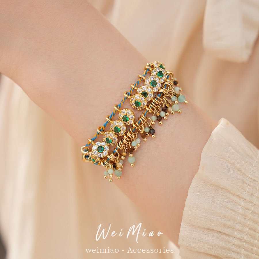 Cuerdas de color trenzadas zircon pulsera de vidrio redondo ligera de lujo nicho de alta sensación pulsera estilo nacional joyas retro