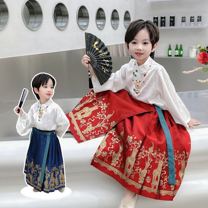 2023 New Chinese Style Tangzhuang Ancient Style Hanfu Unisex Performance Gold-Faced Skirt Set, Dropshipping One Piece