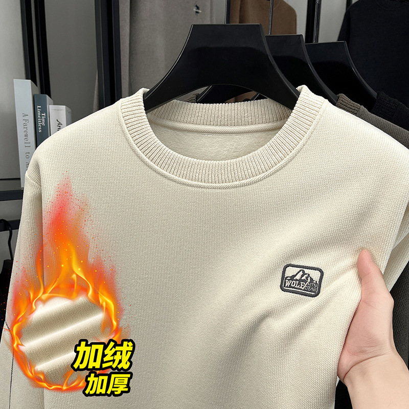 外贸专供秋冬季新款加绒加厚套头圆领毛衣男时尚百搭休闲潮流卫衣