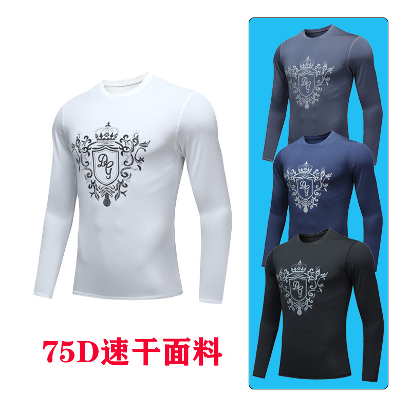 European and American Men's Sports Long Sleeve Elastic Tight Fitness Clothing Outdoor Tennis Embroidery Training Running T-shirt Quick-drying Clothes