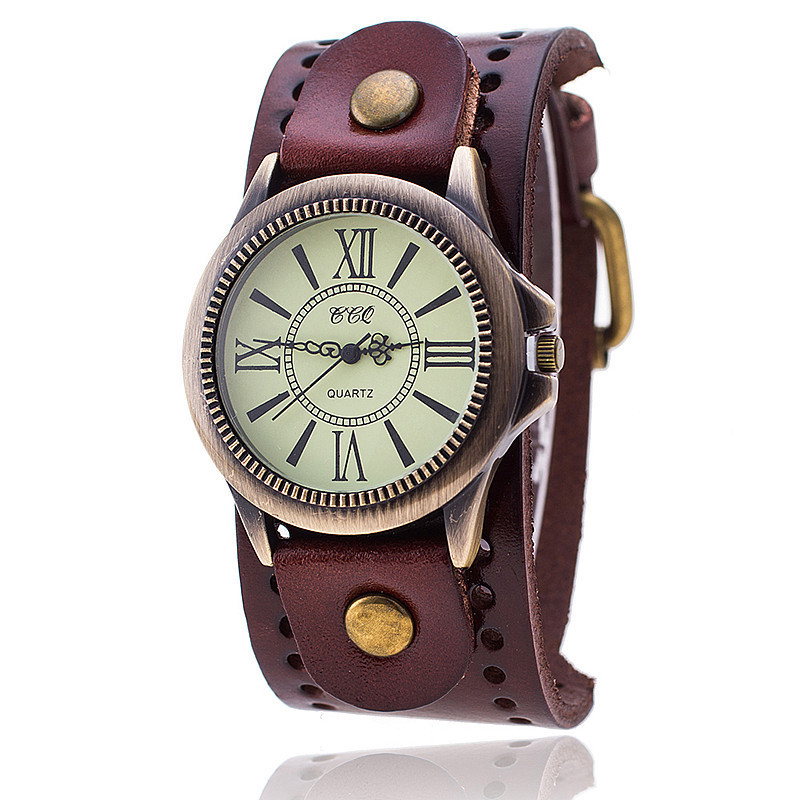 Hot selling punk cowhide watch, antique bronze Roman face quartz watch_voghion.com