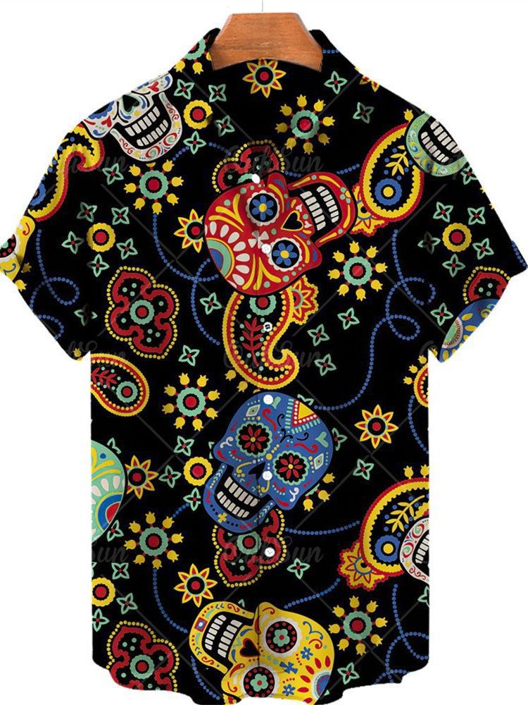Camisa de Halloween de bala de cuatro lados de calavera digital de venta caliente para hombres con estampado transfronterizo de cuatro lados Halloween suelto casual