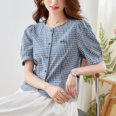 丸首の格子のシャツの女性の半袖の2025夏服の新型の韓国版のカジュアルでゆったりしている小さい子のシャツ