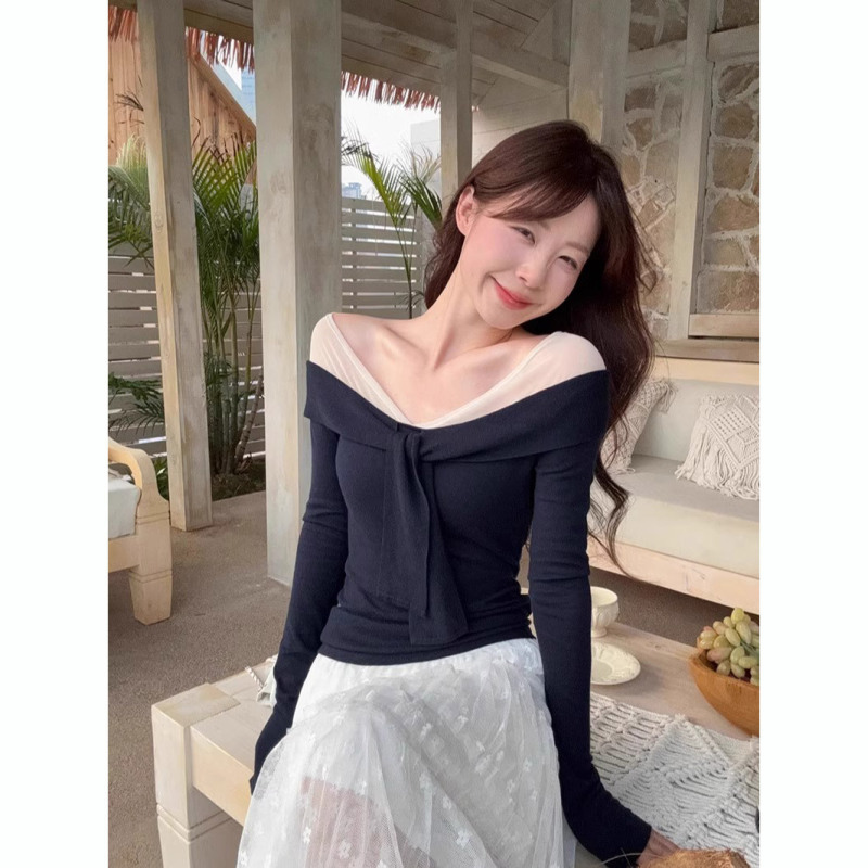 藏青色一字肩纯欲网纱长袖t恤女早春季修身显瘦绑带拼接短款上衣|undefined