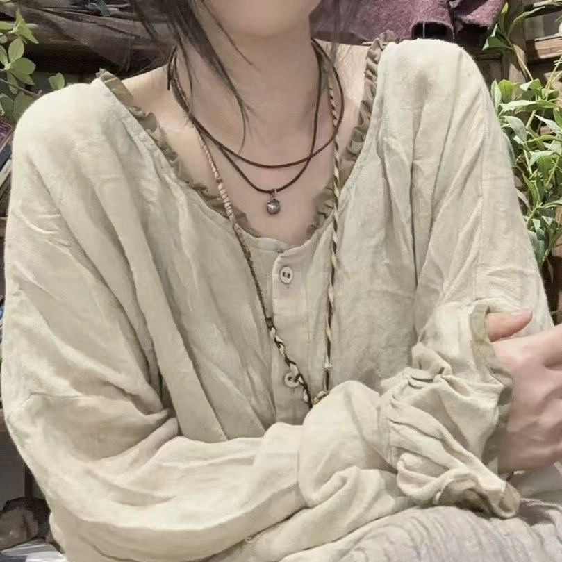 24/4 SN41 Литературный ретро с длинными рукавами конопляный хлопок копченое ремесло жареный старый цвет кардиган с воротником