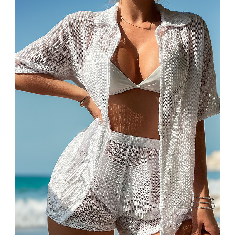 2024 comercio exterior transfronterizo europeo y americano color sólido hueco rápido secado cortos de ángulo plano conjunto bikini camisa de playa mujer