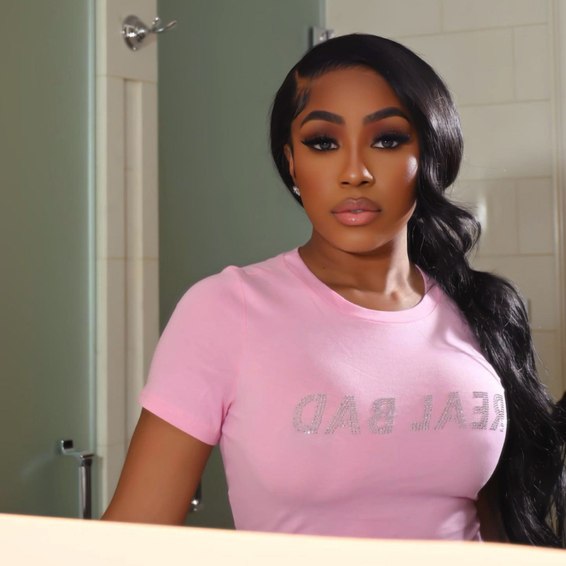 Fashion Letter Round Neck Short Sleeve Regular Sleeve Diamond T-shirt