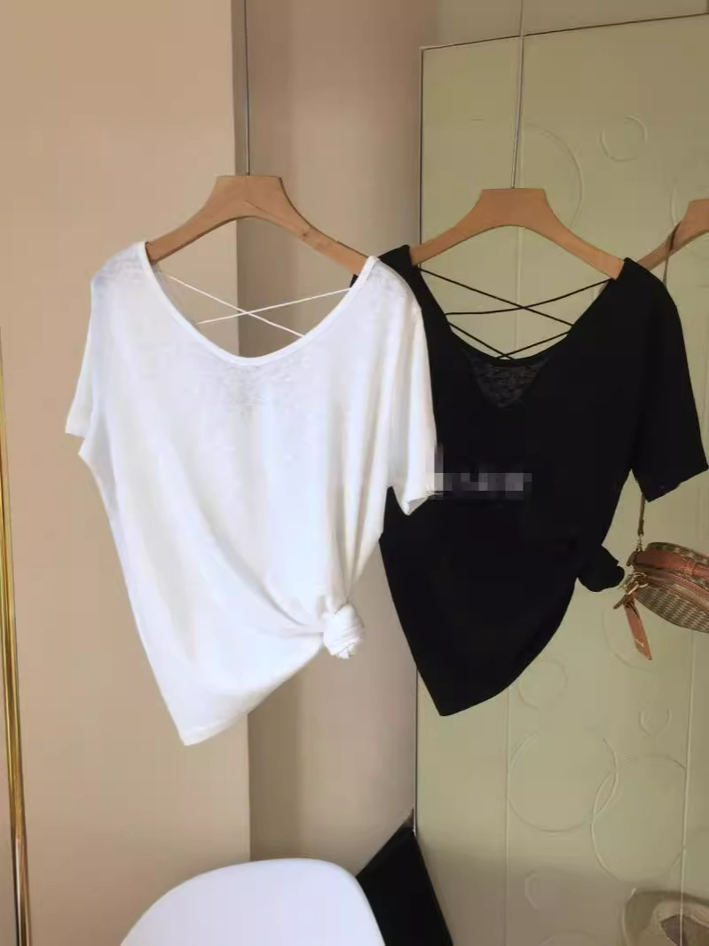 Hollow Scheming Backless top Pure Cotton Fat mm Covering the Flesh Loose Slimming Look Large Size Short-sleeved t-shirt Women's Design ins trend