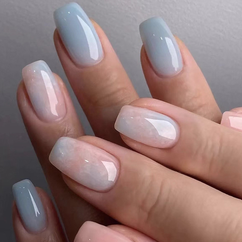 Short Ballet Powder Blue Color Contrast Marble Pattern Spotted Nail Art Glacier Jelly Summer Fresh Wear Armor False Nails
