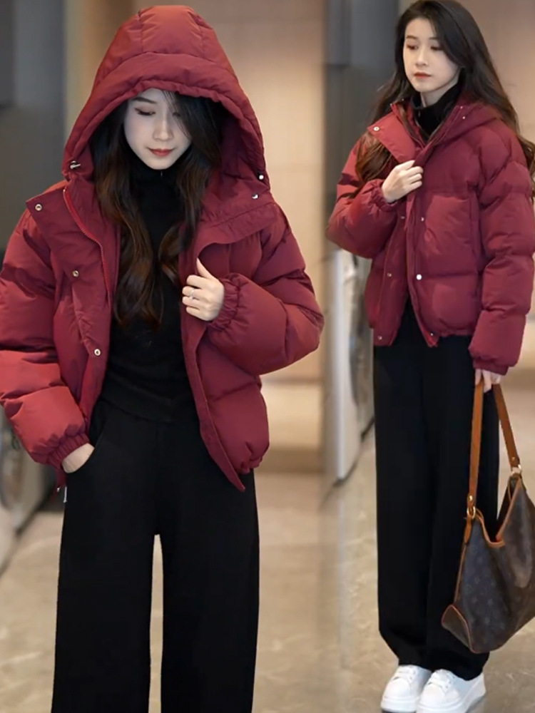 패션 짧은 후드 다운 재킷 여성의 2024 겨울 새로운 한국 느슨한 따뜻한 캐주얼 빵 자켓 트렌디