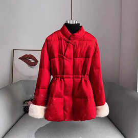 红色篙端中国风水貂皮草羽绒棉服女鹅绒内胆气质收腰显瘦整貂外套
