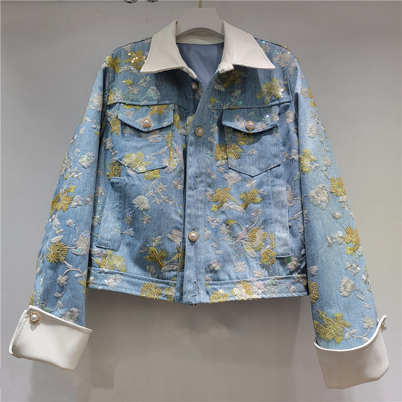2026 primavera nueva moda de mujer collar de contraste impresión casual universal suelta delgada manga larga chaqueta corta