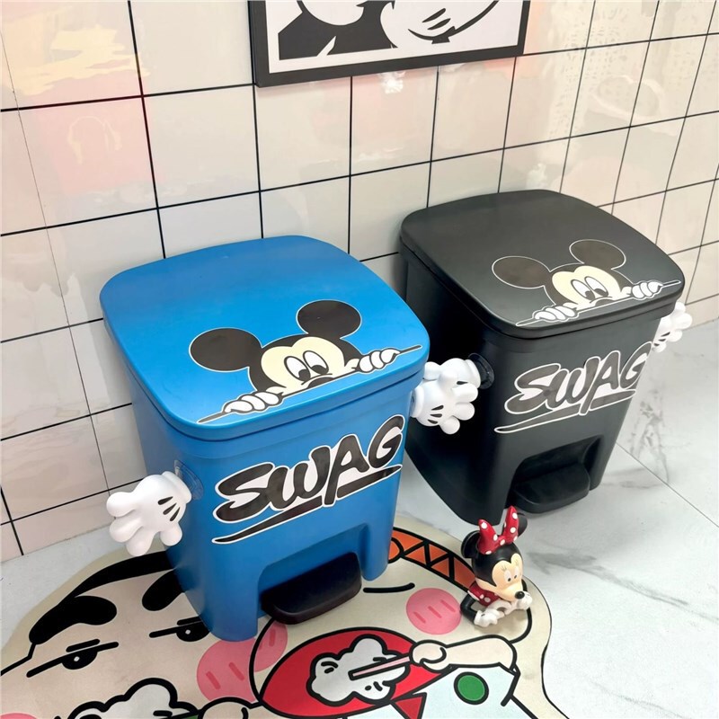 New Cartoon Mickey Trash Can for Home Bedroom Bedside Bathroom Living Room Foot-Operated Large-Capacity Paper Basket with Lid