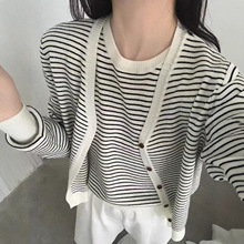 韩系条纹背心V领针织开衫两件套女秋季新款洋气减龄休闲毛衣套装