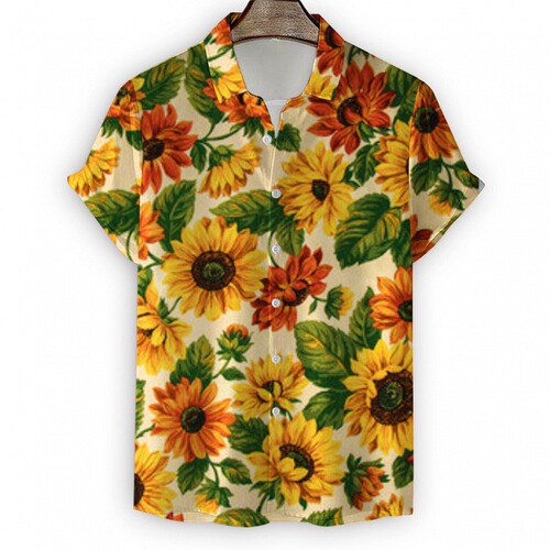 Summer Men's Beach Shirts 3D Digital Sunflower Print Short Sleeve Top Flower Casual Blouse