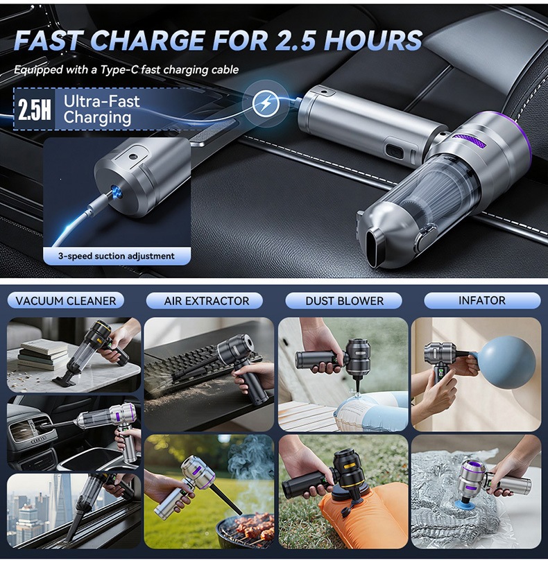 Car-mounted vacuum cleaner with dual-function suction and blowing, brushless high-power 16000Pa, integrated air pump with digital LED display