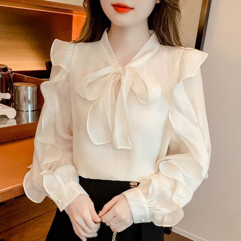 法式气质雪纺衬衫女士设计感2025春秋新款小衫蝴蝶结长袖衬衣上衣|undefined