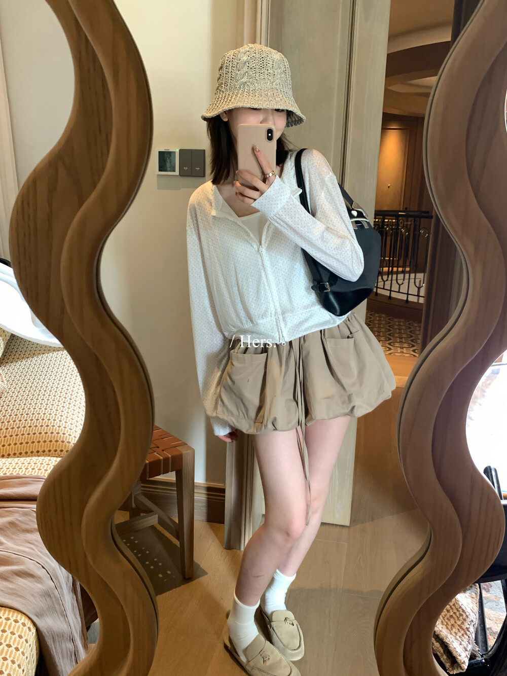 Quần short nữ cạp cao dáng nụ hoa thiết kế rút dây ống rộng thoải mái — Xanh da trờicolor, màu mơ, màu kaki chi tiết 4