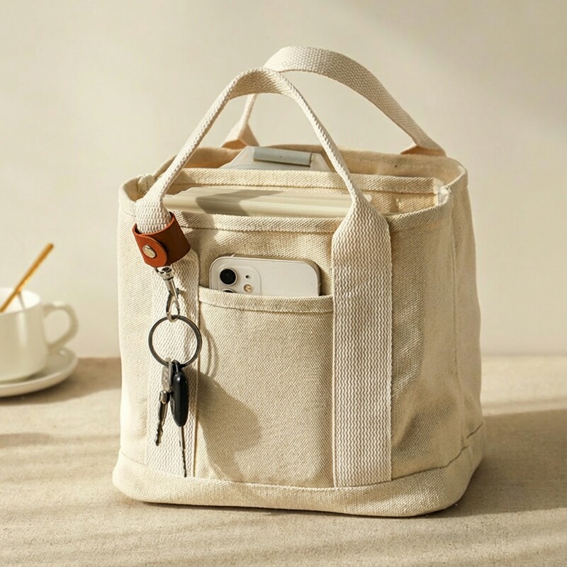 Japanese-style multi-pocket canvas bag, popular lunch storage bag on Xiaohongshu, multi-purpose Korean-style bag with keychain Japanese-style multi-pocket canvas bag, popular lunch storage bag on Xiaohongshu, multi-purpose Korean-style bag with keychain