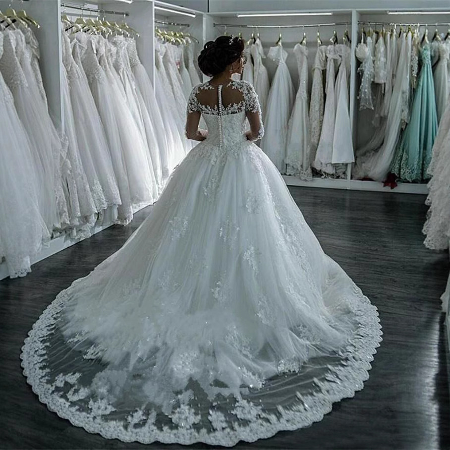 Foreign Trade Wedding Dress Bride 2025 Summer New High Collar Long Sleeve Wedding Dress Trailing Lace Bride Wedding Dress Ts341