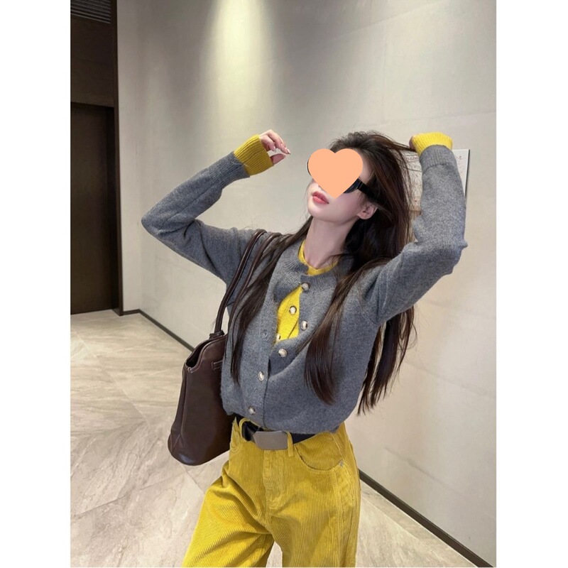 设计感撞色假两件毛衣开衫外套女秋季黄色小众短款长袖针织衫上衣|undefined