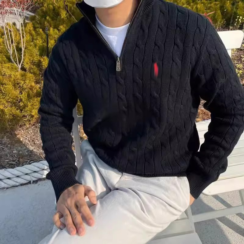 Men's Slim-Fit Half-High Collar Zip-Up Long-Sleeve Knit Sweater for Winter, Polo Pullover, Thick Cable Knit Sweater for Outerwear