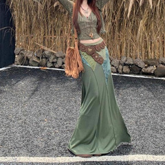 森系复古吊带喇叭袖开衫绿色拼接辣妹半身裙女2025秋季新款套装潮
