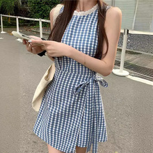 2024年夏季小松纪语 两色无袖格纹圆领连衣裙女收腰系带短裙