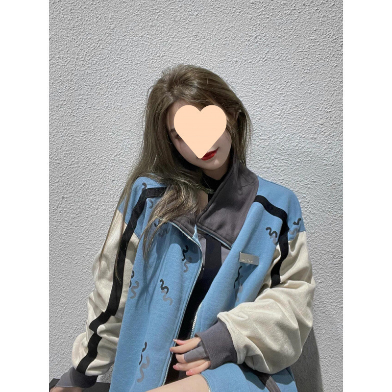 韩版宽松撞色拼接蓝色棒球服外套女爆款立领2025新款春秋夹克上衣|undefined