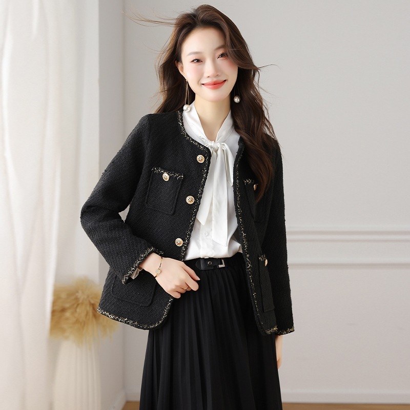 Black Chanel-Style Jacket for Women, Autumn and Winter New Small-Sized Tweed French Socialite Slimming Versatile Top