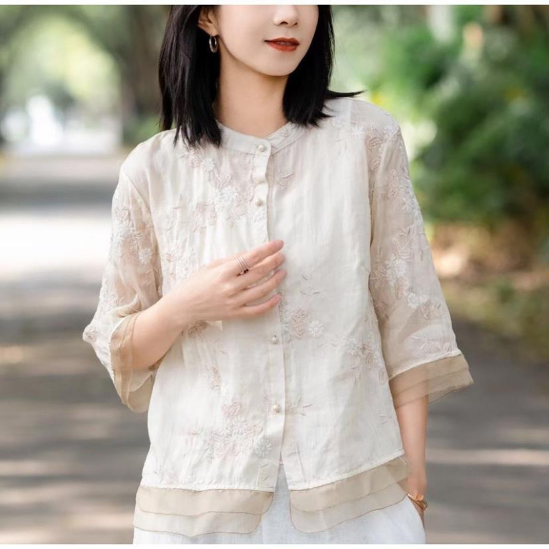 重工業刺繍綿とリネントップス七分袖エスニックスタイルスプライシングシャツ2025夏文学レトロ婦人服クラシック|undefined