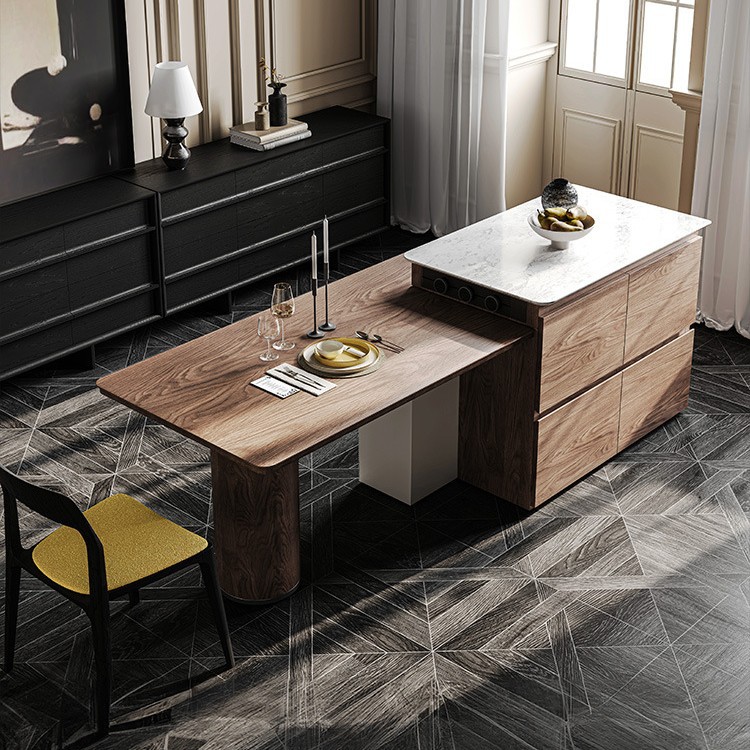 Mesa de comedor de un solo cuerpo de la plataforma de la isla, madera maciza de nogal negro, retráctil y estirado, mesa de guía medieval multifuncional de la isla, mesa de comedor