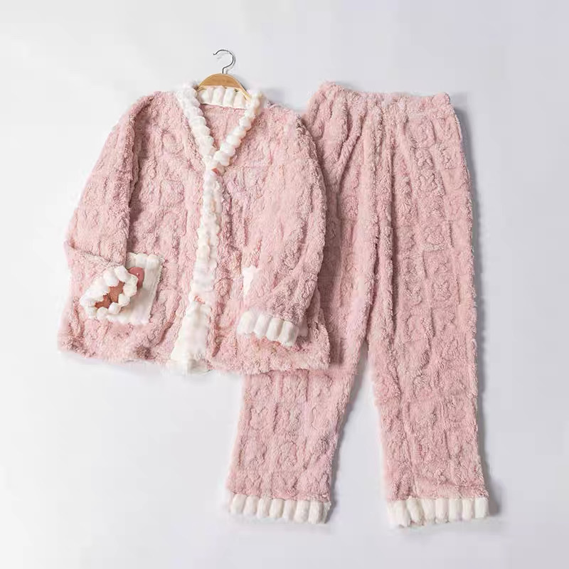 秋冬季珊瑚绒睡衣套装女加绒加厚家居服时尚可外穿法兰绒开衫睡袍|undefined