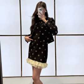 南油女装轻奢冬复古小香风羊毛呢外套蕾丝边背心连衣裙两件套