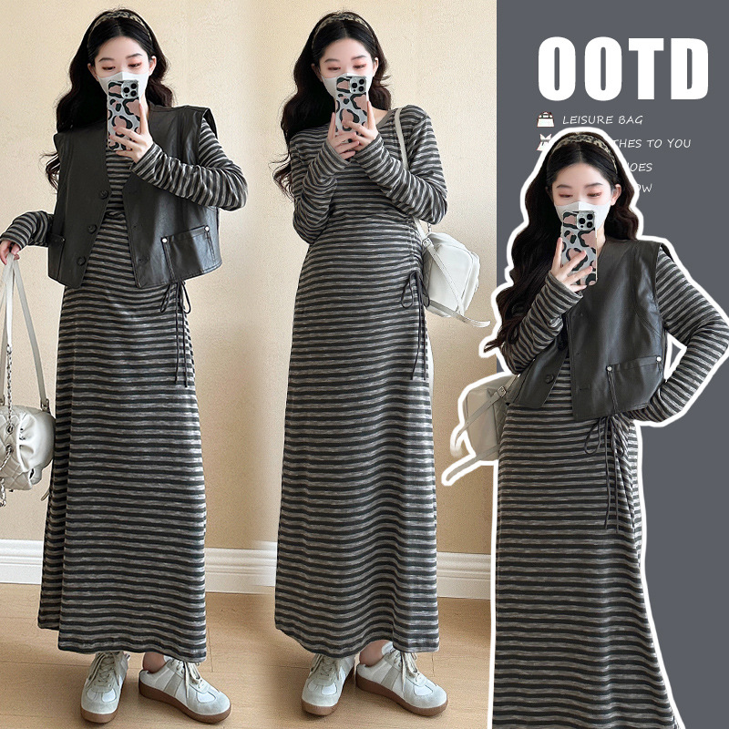 Maternity clothing spring new striped long sleeve bottoming dress fashion pu leather vest trendy mom sweet two-piece set