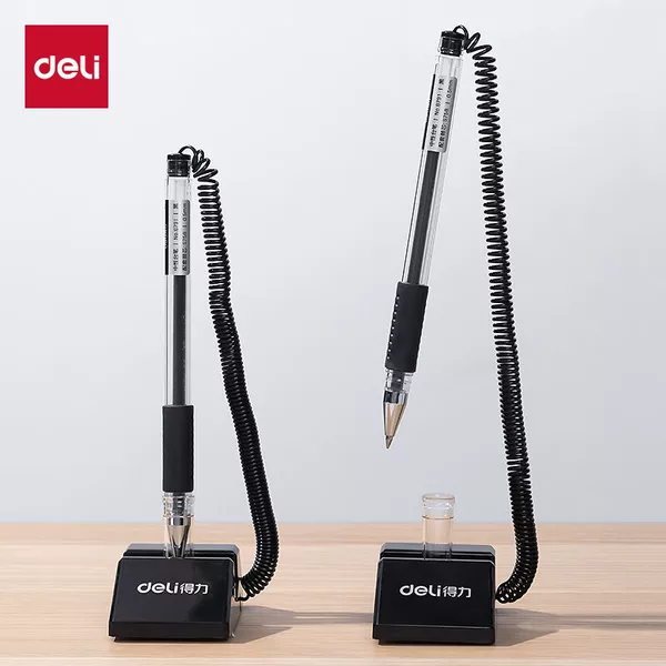 Deli 6791 Desk Pen with Cord, Retractable Gel Pen 0.5mm, Office Signature Pen with Extendable Anti-Loss Pen Holder