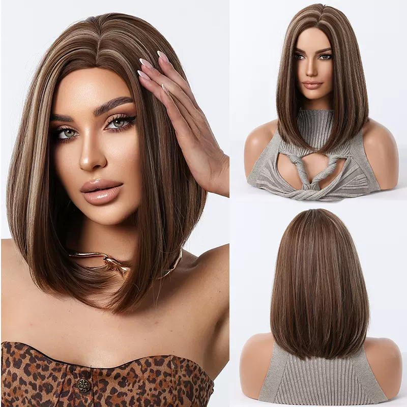 亚马逊新品女士金棕色偏分短直发波波头时尚欧美风中分锁骨发假发