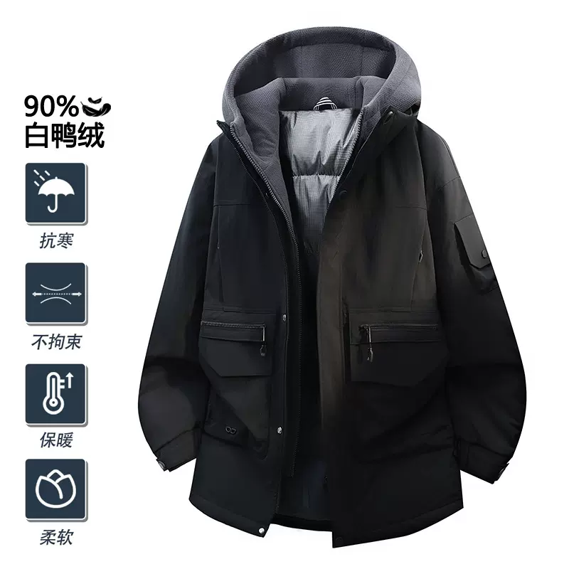 男士中长款加厚工装连帽羽绒服潮男青年秋冬季户外抗寒绒保暖外套