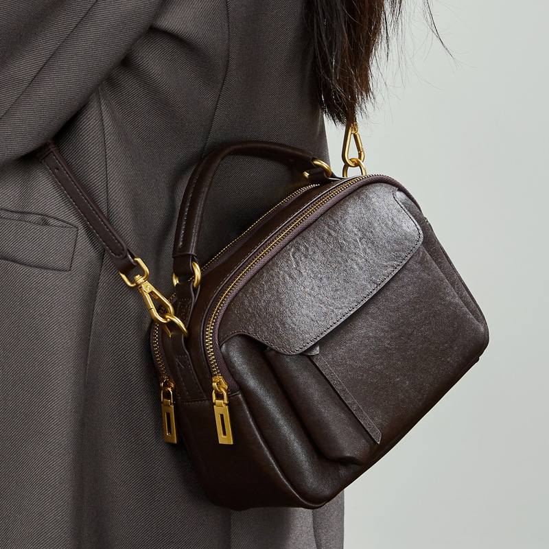 Genuine Leather Fashion Boston Bag For Women Retro Top Grain Crystal Vegetable-Tanned Cowhide Handbag Crossbody Shoulder Bag