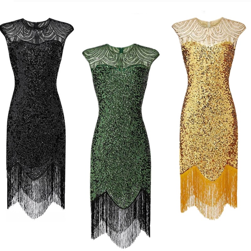 Amazon's Popular Banquet Evening Dress 1920 Retro Sequin Tassel Dress Large Size Pure Color Stage Performance Clothing