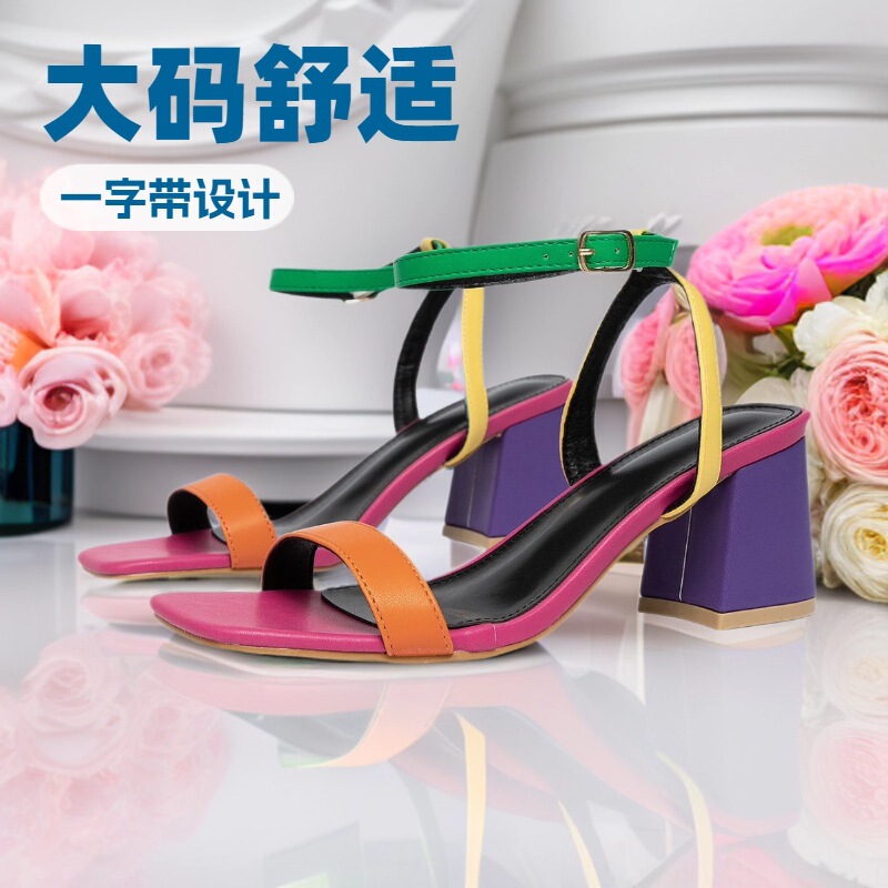 High-Heeled Sandals for Women European and American Thick Heel Colorful Buckle Large Size Export One-Line Square Toe Ladies Lady Shoes