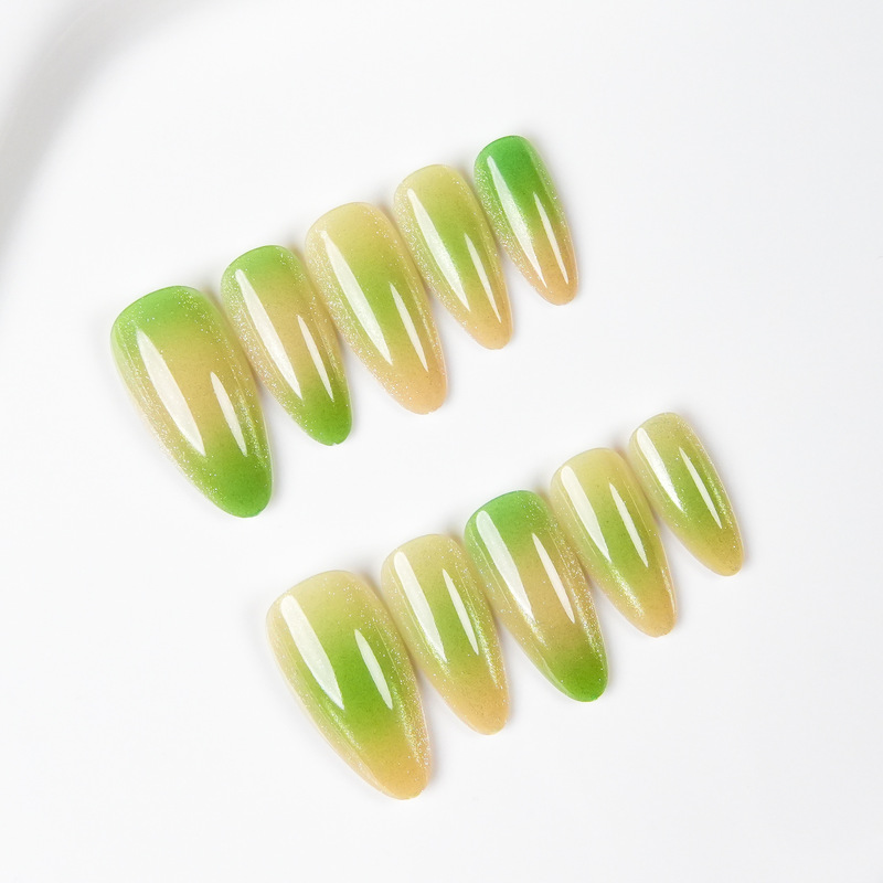 Fresh yellow-green gradient wearable nails, medium-long length, cat-eye fine glitter design, summer-enhancing skin tone, detachable nail patches Fresh yellow-green gradient wearable nails, medium-long length, cat-eye fine glitter design, summer-enhancing skin tone, detachable nail patches