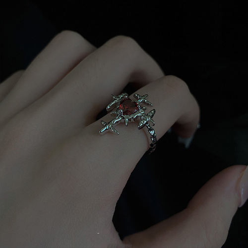 Hip-hop individual niche design dark cross opening ring for women with heart-shaped red zirconia trendy cool fashion finger ring